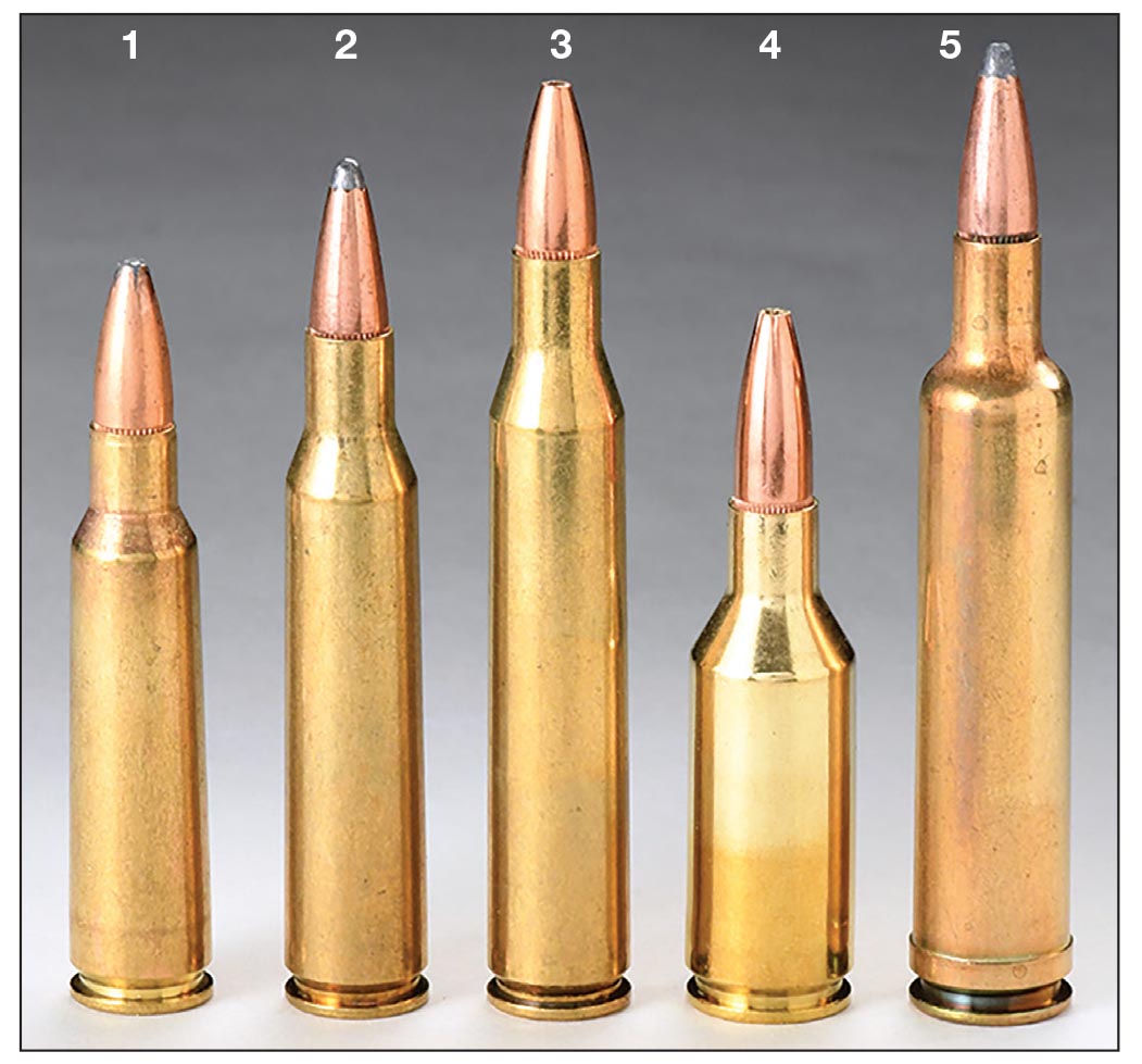These .25-caliber cartridges include the (1) .250 Savage, (2) .257 Roberts, (3) .25-06 Remington, (4) .25 WSSM and (5) .257 Weatherby Magnum.